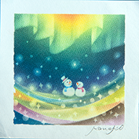 オーロラと雪だるま 内田加奈子オリジナルパステルアート作品