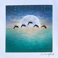 満月とイルカの群れ 内田加奈子オリジナルパステルアート作品
