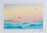 山の連なりと曙 内田加奈子オリジナルパステルアート作品