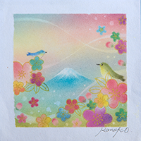 梅とうぐいすと富士 内田加奈子オリジナルパステルアート作品