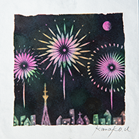 スカイツリーと花火 内田加奈子オリジナルパステルアート作品